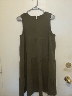 Olive Green Cotton Linen Tiered Sleeveless Shift Dress Size Large